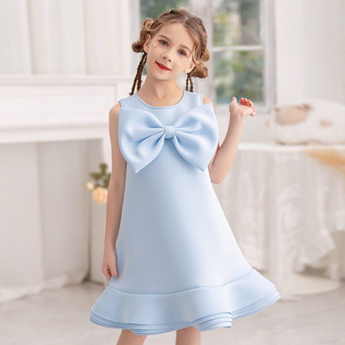 Blue Exclusive Sleeveless Girls Bow-Front Chiffon Special Occasion Party Wear Dress - Image 3