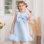 Blue Exclusive Sleeveless Girls Bow-Front Chiffon Special Occasion Party Wear Dress - Image 2